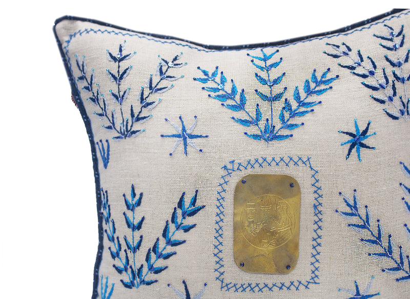 Blue Embroidery Cushion with Metal Plate