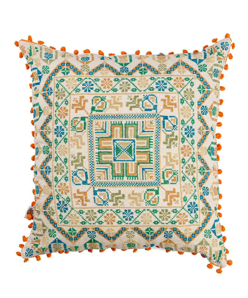 Patterns and Pompoms Cushion